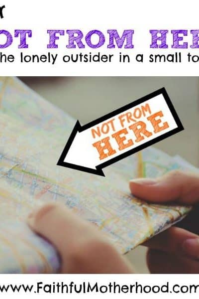 Woman holding map with label not from here. Title: Dear Not from Here to the lonely outsider in a small town