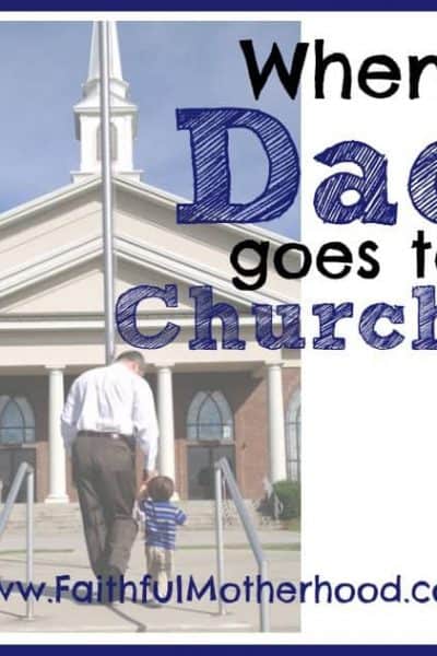 Father and son walking up the steps to church. Title: When Dad goes to church ...