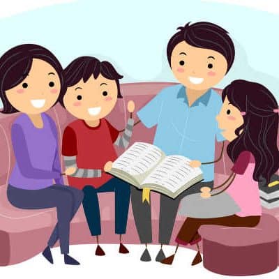 Drawn family having family devotions and Bible study